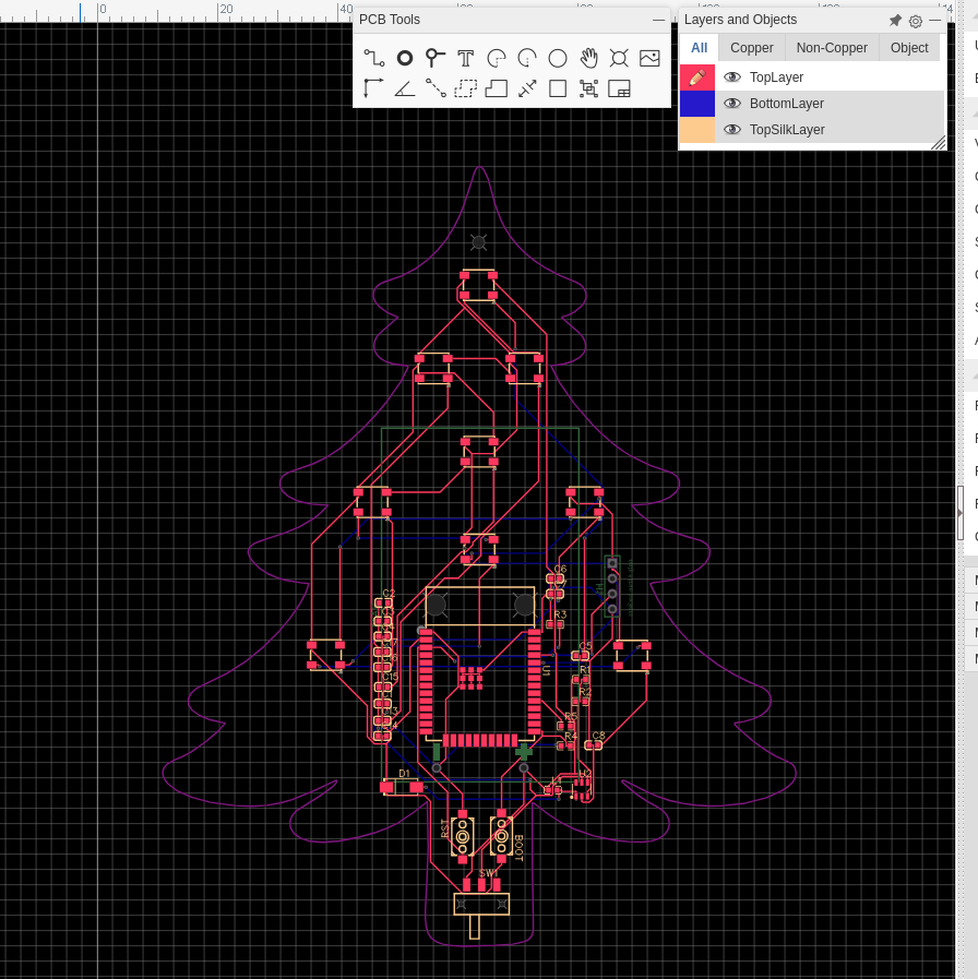 Christmas tree-shaped PCB with LEDs and ESP32 microcontroller