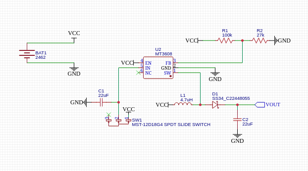 Schematic to power the PCB from two AAA batteries, with voltage regulator